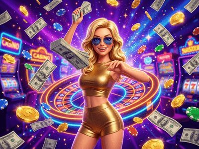 A vibrant digital display of luxury casino slot machines with flying gold coins